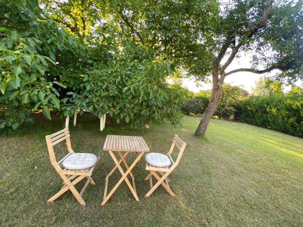 duas cadeiras e uma mesa e uma mesa e uma árvore em Au paradis d’Alsace 55 m2 nature & relax em Ingwiller