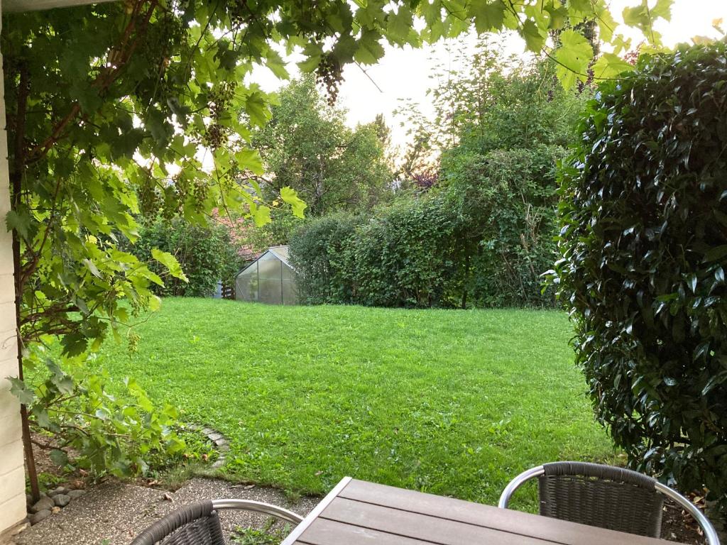 a garden with a table and chairs and a lawn at Ferienwohnung Alkapa in Hilzingen
