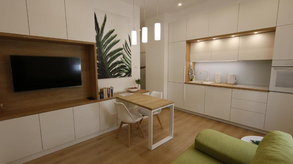 eine Küche mit einem Tisch und einem TV in einem Zimmer in der Unterkunft Apartment Ana, Vračar, Belgrade in Belgrad
