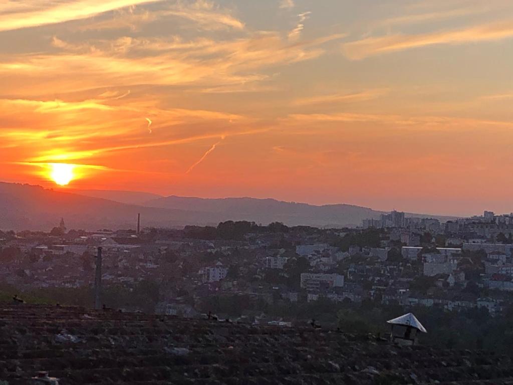 a view of a city at sunset at L’échappée Bulles in Épernay