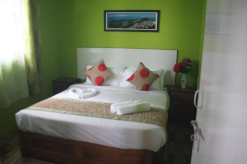1 dormitorio con 1 cama grande y paredes verdes en Beverly Hills Home stay, en Darjeeling