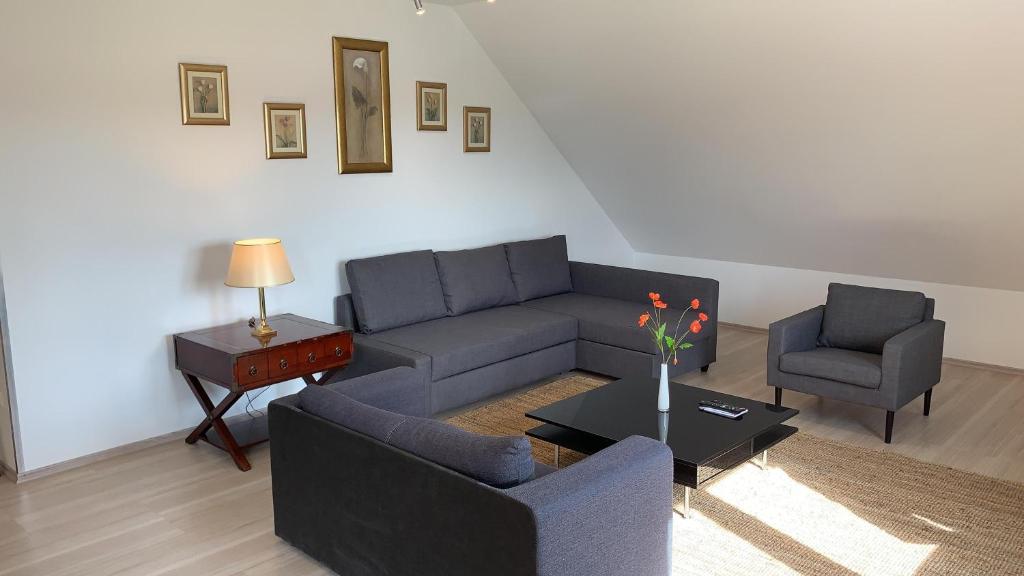 uma sala de estar com um sofá e duas cadeiras e uma mesa em promedklinik apartment 2 em Volkach