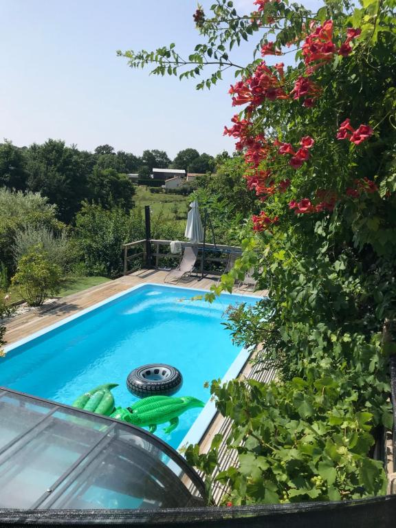 a swimming pool in a garden with flowers at Le petit moulin in Pouzauges