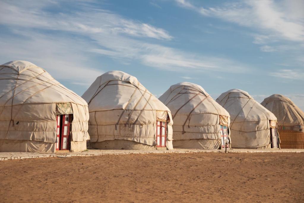 a group of domes in the middle of the desert at Aidar Yurt Camp in Taldy