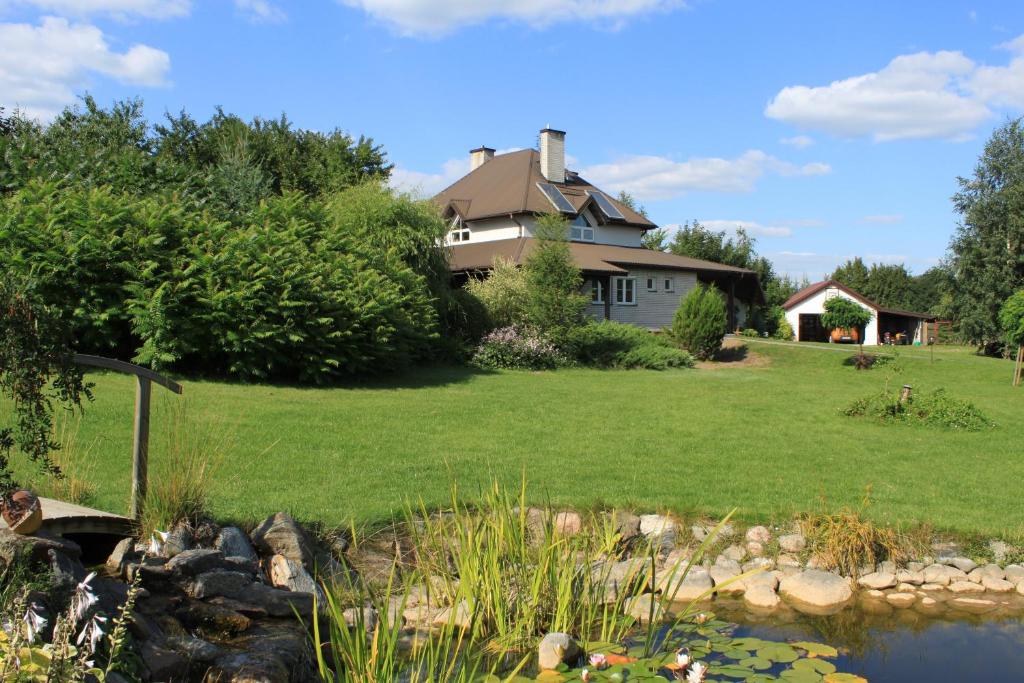 a house with a pond in the yard at Jasionowy Gaj in Jasionowo