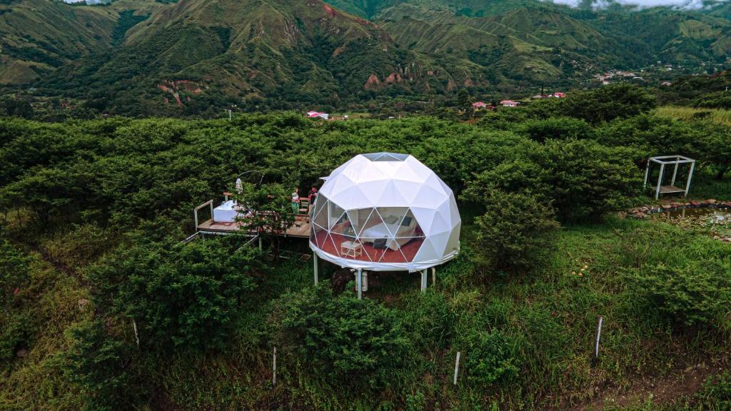 an aerial view of a round tent in a field at VíaLáctea Glamping in Loja