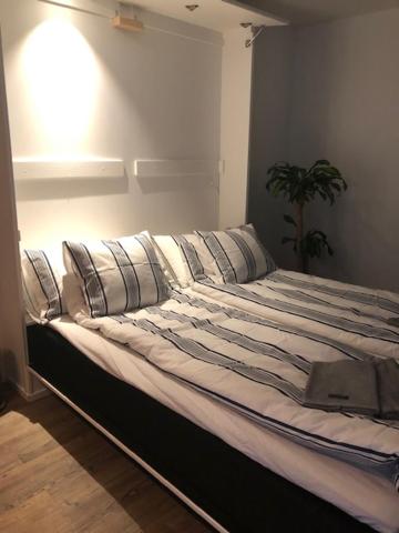 uma cama grande com almofadas num quarto em Mariannelund Bed&Beer em Löberöd