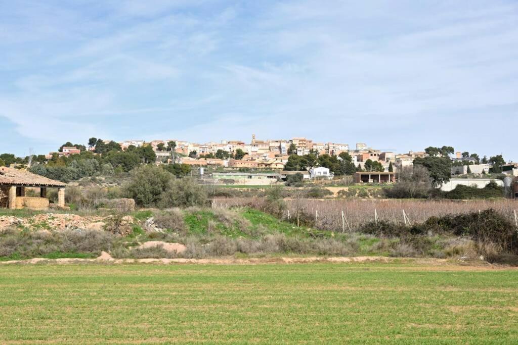 un campo verde con una ciudad al fondo en Ca la Paquita, en Penellas