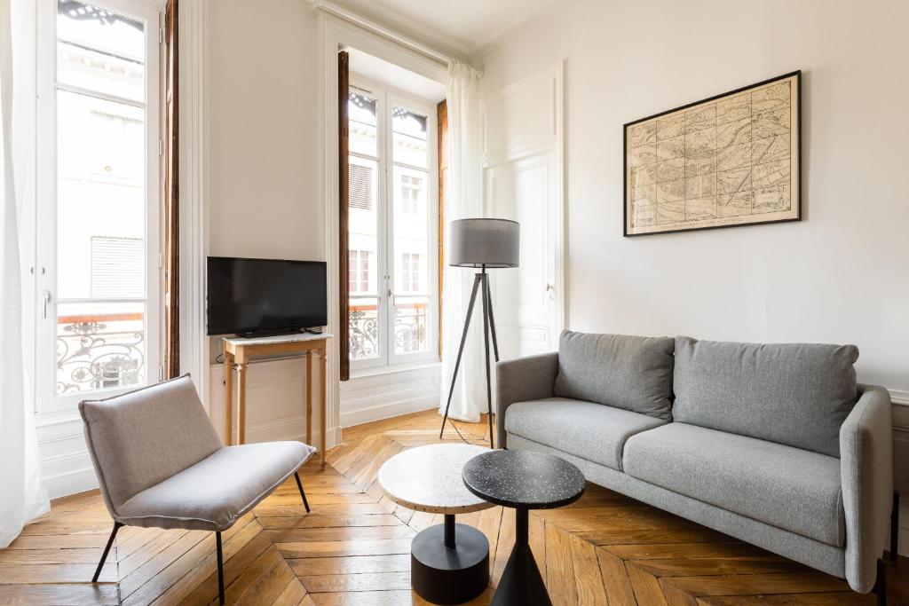 een woonkamer met een bank en een tv bij DIFY Castries Quartier Ainay in Lyon