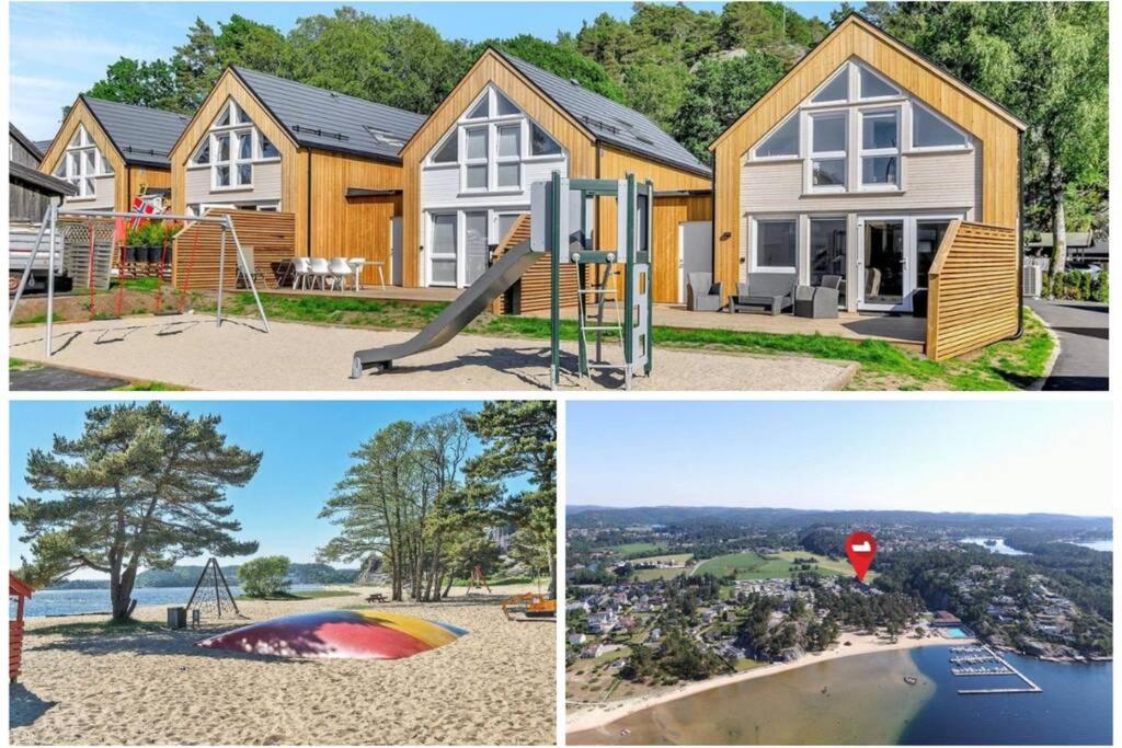 eine Collage mit Bildern eines Hauses mit Spielplatz in der Unterkunft Nybygd feriebolig rett ved strand til leie! in Kristiansand