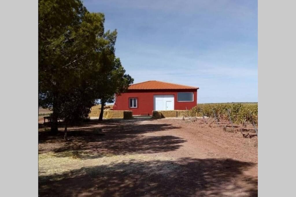 uma casa vermelha com uma árvore e uma estrada de terra em Casita de campo con vistas a una laguna em Alcázar de San Juan