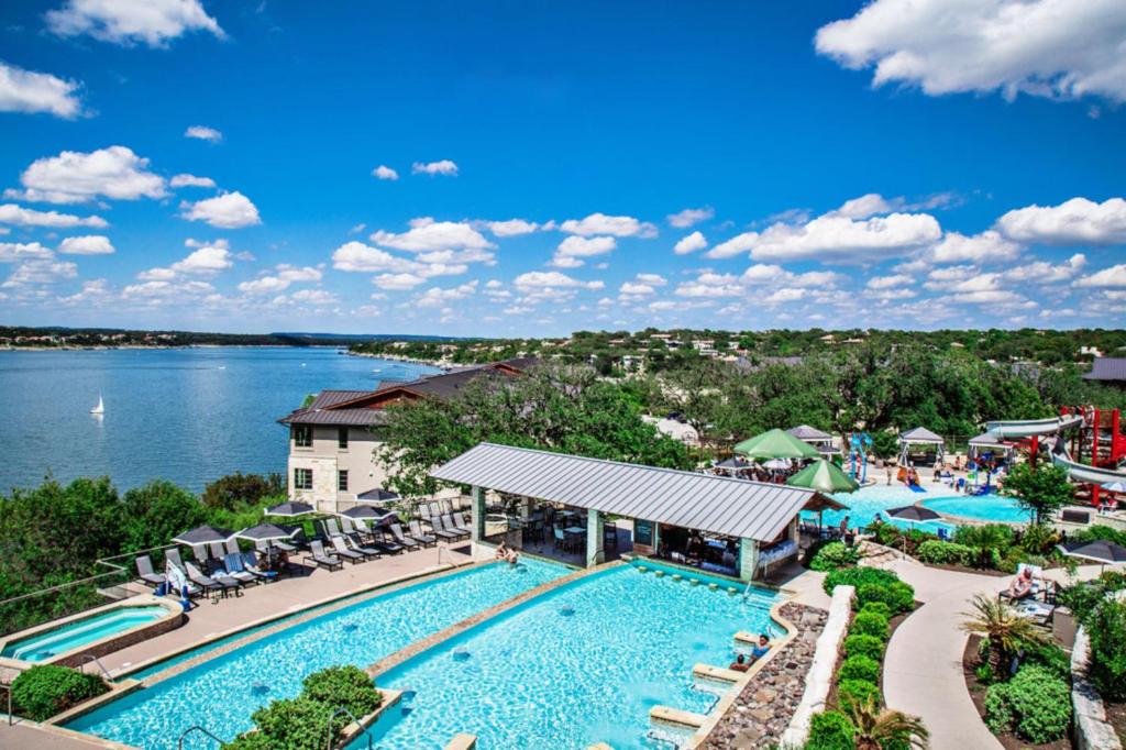 an aerial view of the pool at the resort at Lakeway Resort & Spa in Lakeway