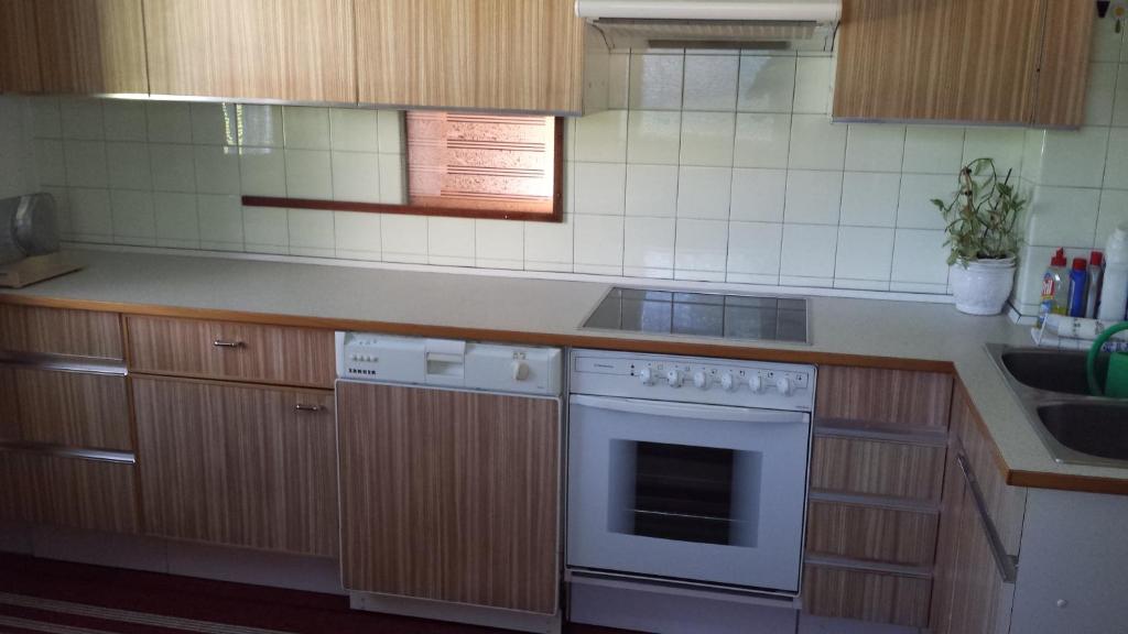kuchnia z kuchenką i zlewem w obiekcie Bungalow Möwe w mieście Pörtschach am Wörthersee