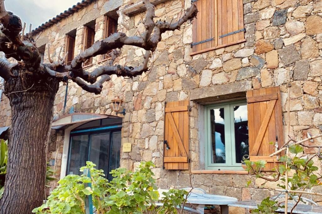 un edificio de piedra con ventanas de madera y un árbol en Maison typique corse à 10 min d'Ajaccio et plages, en Alata