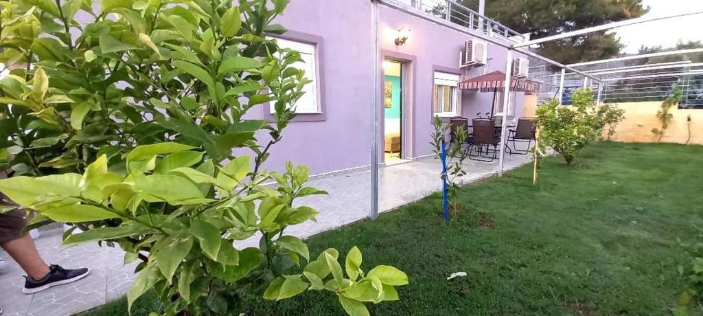 a backyard of a house with a green yard at Guesthouse Aggelos Porto Germeno in Porto Germeno