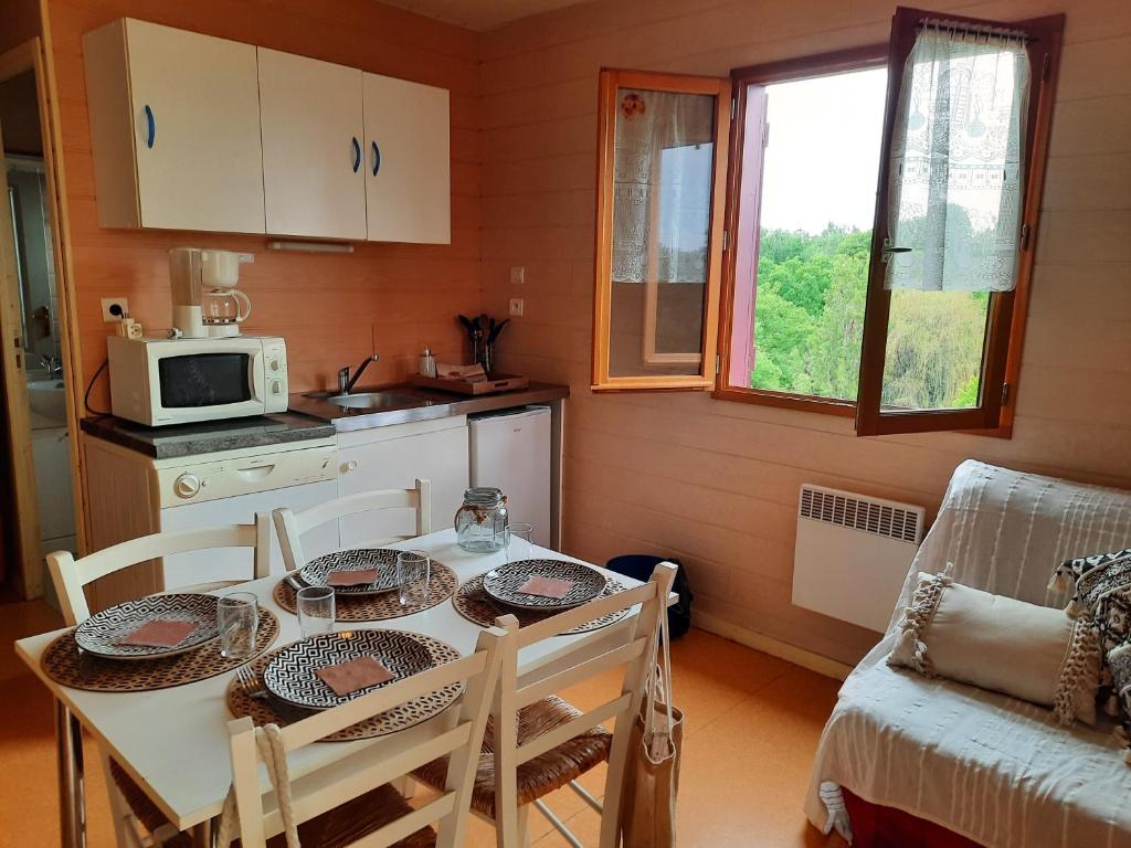 a kitchen with a table with chairs and a microwave at Camping de la Bageasse in Brioude