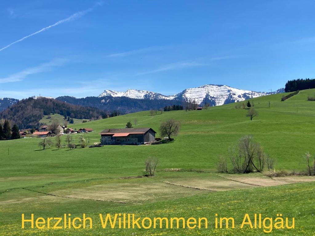 a house in a green field with mountains in the background at Ferienwohnung Im Moos in Oberstaufen