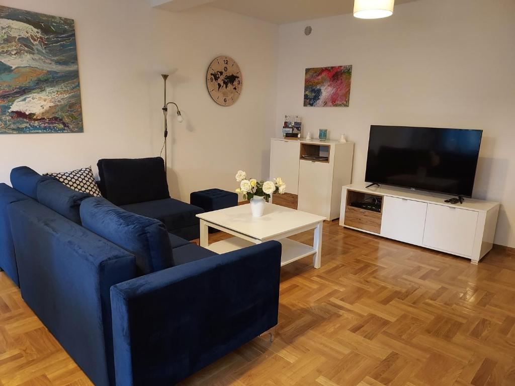 een woonkamer met een blauwe bank en een tv bij APART- salon z aneksem kuchenym, 2 sypialnie, łazienka in Szczecin