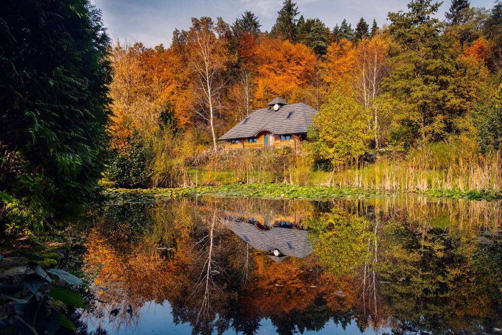 einen Herbstblick auf eine Hütte auf einem See in der Unterkunft Dzikie południe in Sanok