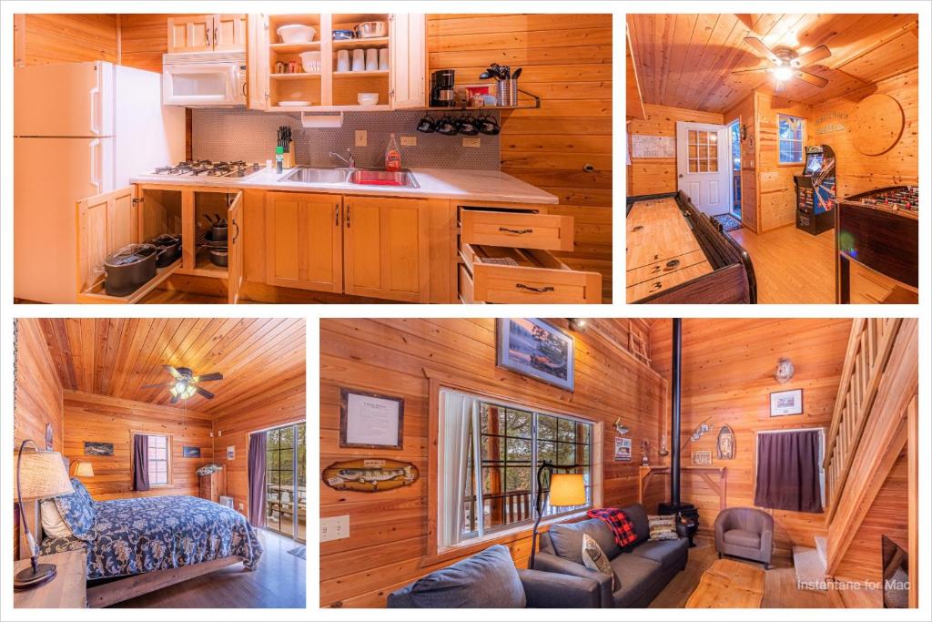 a collage of pictures of a kitchen and living room in a log cabin at Cabin #4 The Wolves Den - Pet Friendly- Sleeps 6 - Playground & Game Room in Payson