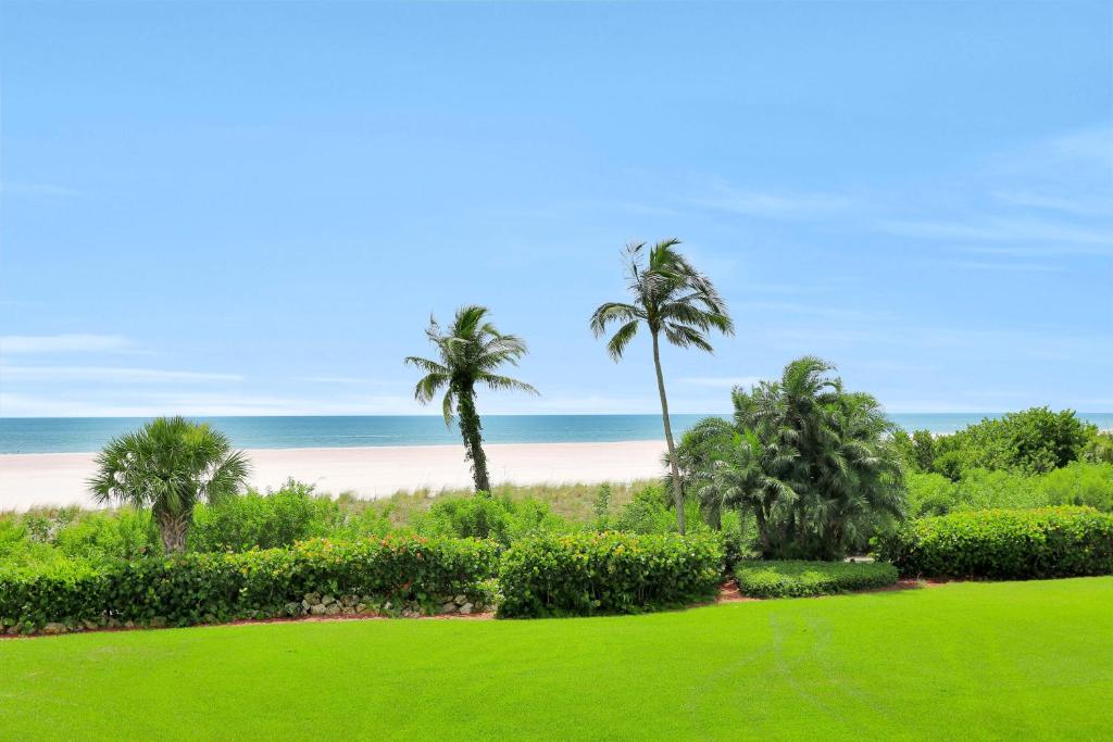 a lawn with palm trees and a beach at Cozy beachfront condo with pool and tennis courts in Marco Island