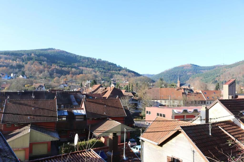 une ville avec des maisons et des montagnes en arrière-plan dans l'établissement Maison Rurale En Bordure De Forêt, à Schirmeck