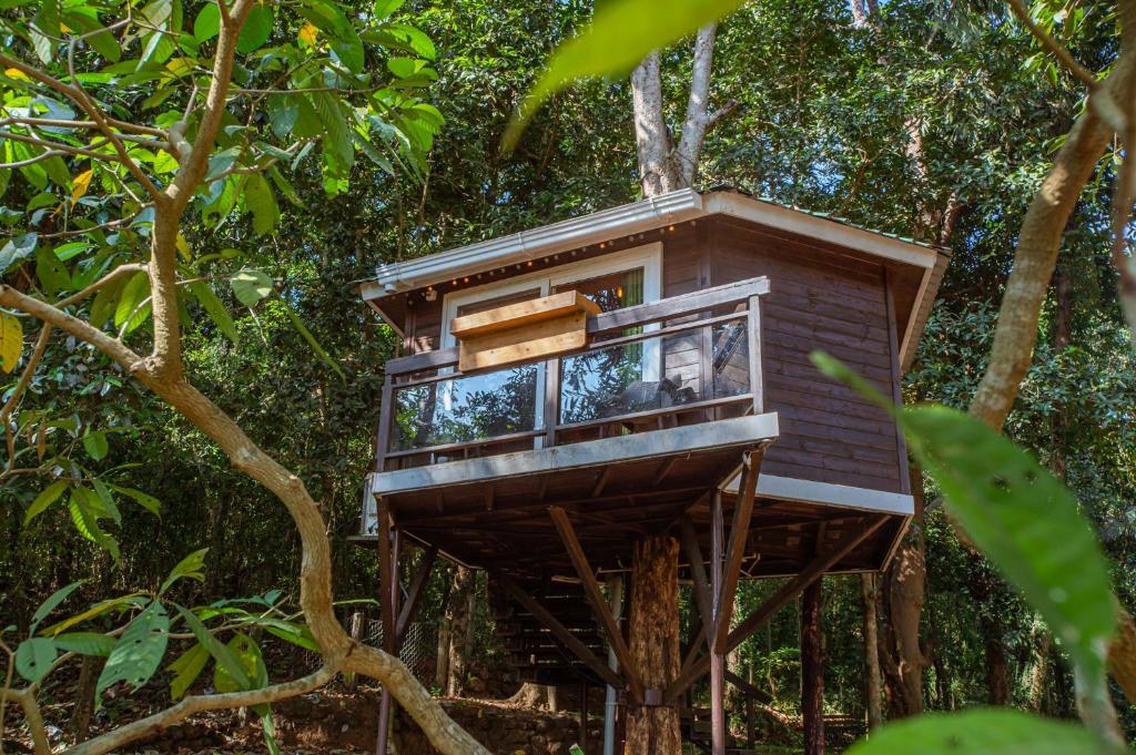uma casa na árvore com uma varanda nas árvores em Nirvana Hill Resort em Curtorim
