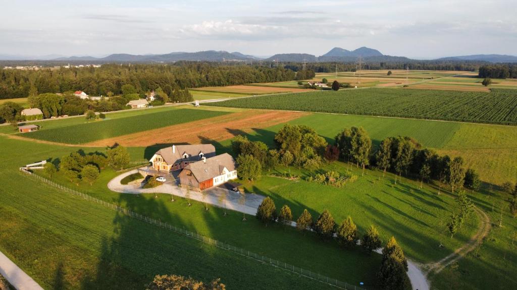 eine Luftansicht eines Hauses auf einem Feld in der Unterkunft Bed & Breakfast Na Poljani in Kranj