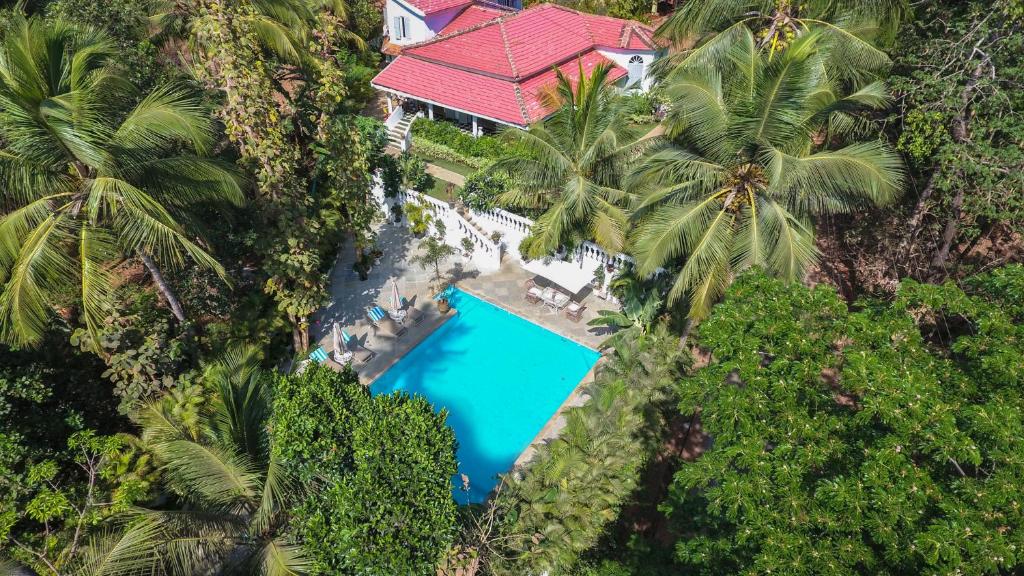 una vista aérea de un complejo con piscina y palmeras en Lua Cheia Villas Sadoxlem en Canacona