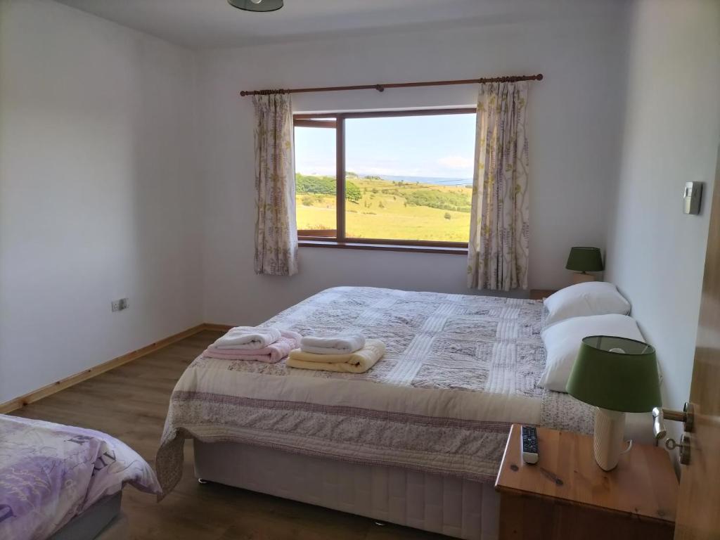 Schlafzimmer mit einem großen Bett und einem Fenster in der Unterkunft Peace and Tranquility in Ballymote