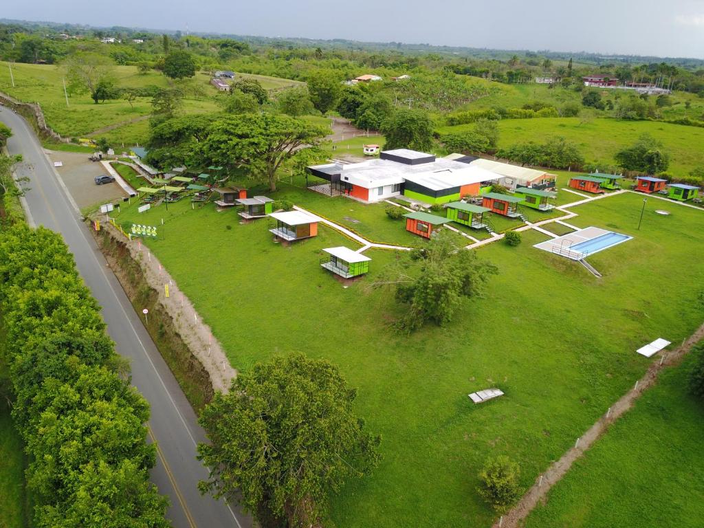 an aerial view of a park with many buildings at Glamping - Calochorno in Alcalá