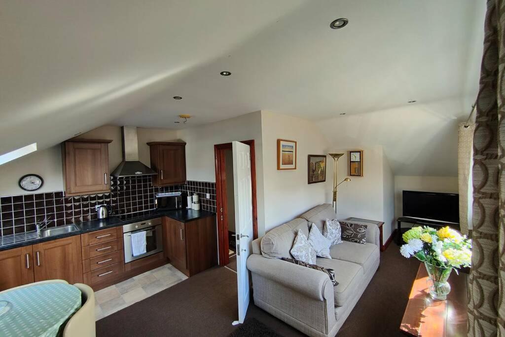 a living room with a couch and a kitchen at BT 9 Granny Flat & walled garden in Belfast