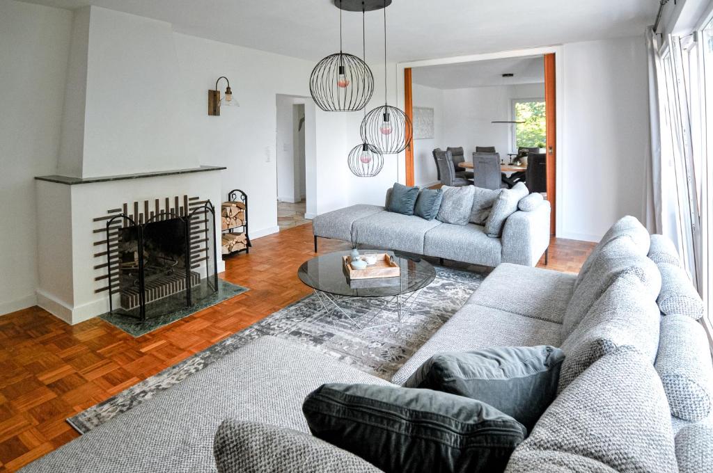 a living room with a couch and a fireplace at Haus Orbis Noster im Harz - Whirlpool und Sauna - direkt am Wald in Bad Grund