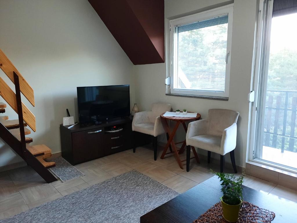 een woonkamer met een televisie en een tafel en stoelen bij Apartman Ristic in Divčibare
