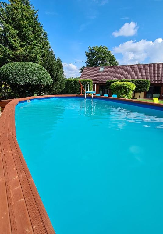 a large swimming pool with blue water in a yard at Ostoja Relaksu Cieciorka in Kaliska