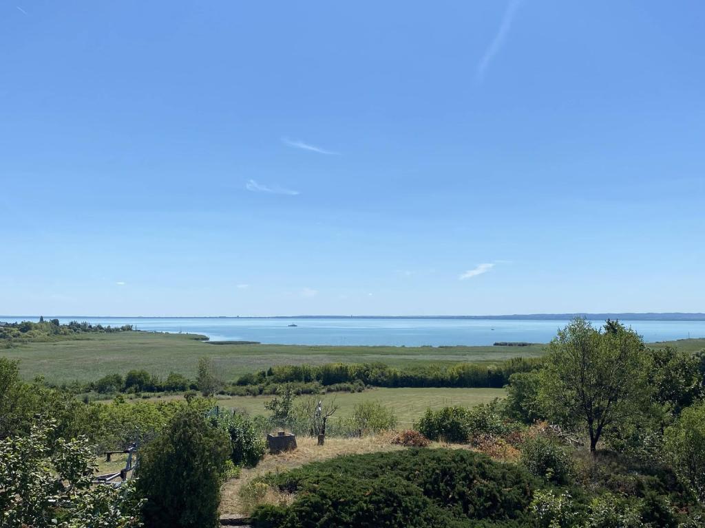 uma vista para um campo com o oceano ao fundo em Pacsirta Vendégház em Csopak