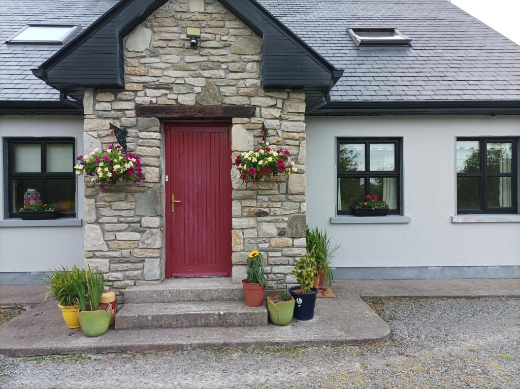 una puerta roja en una casa de piedra con macetas en Country Lane Homestay, en Westport