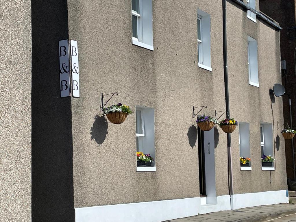 a building with potted plants on the side of it at Forty Five, John Street, Stromness, in Stromness