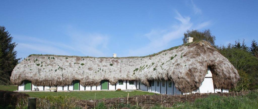 a large building with a thatched roof on top of it at Tanggården Skoven in Læsø