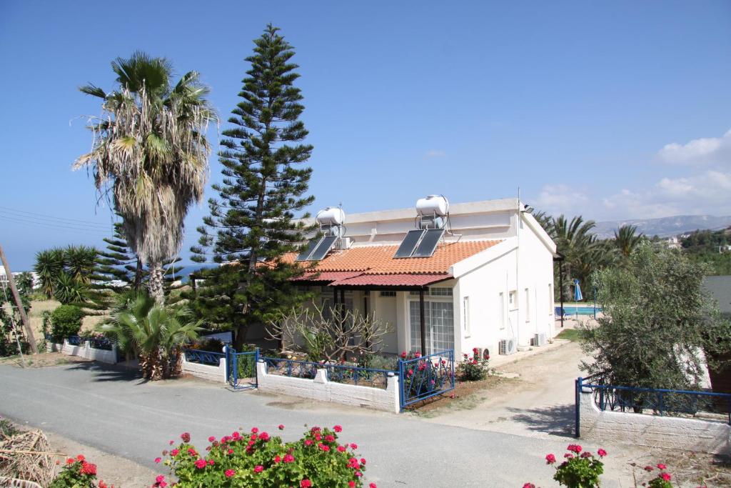 une maison blanche avec un palmier et une route dans l'établissement Helios 2, à Paphos