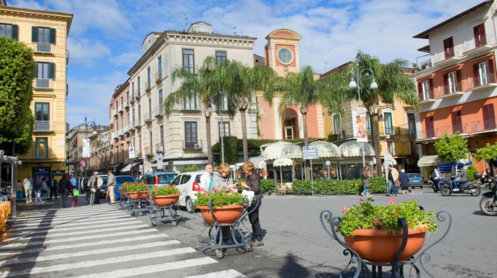 uma rua numa cidade com vasos de plantas e edifícios em B&B Maison D'Art em Sorrento