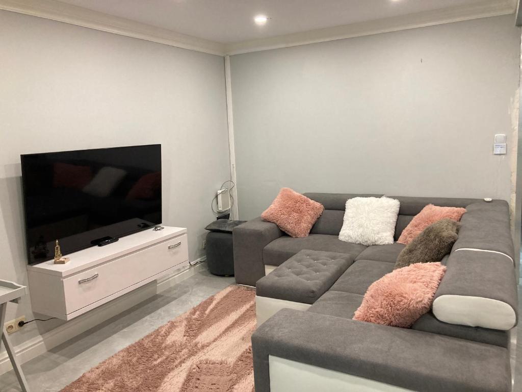 uma sala de estar com um sofá e uma televisão de ecrã plano em Vakantie Villa Hengelhoef em Zonhovenheide