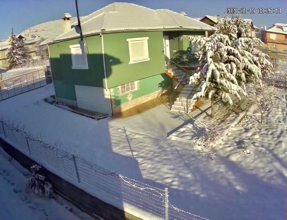 een groen huis in de sneeuw met een boom bij Green Villa in Korçë