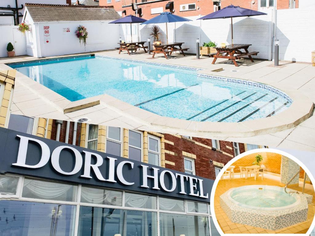 a collage of photos of a hotel with a pool at Doric Hotel in Blackpool