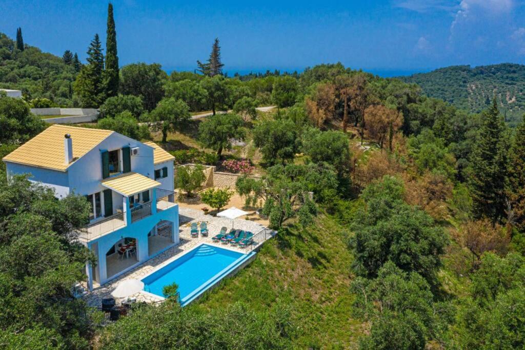 een luchtzicht op een huis met een zwembad bij Villa Eleonas in Strongylí