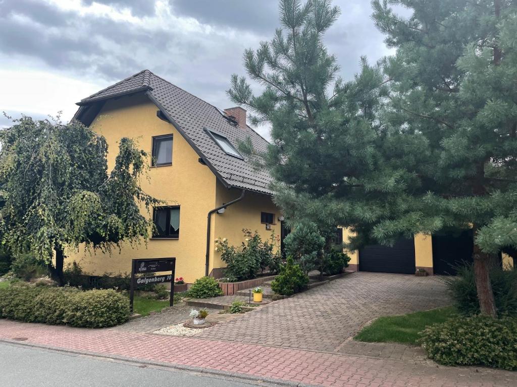une maison jaune avec une allée devant elle dans l'établissement Ferienwohnung Geyer, à Gräfenhainichen