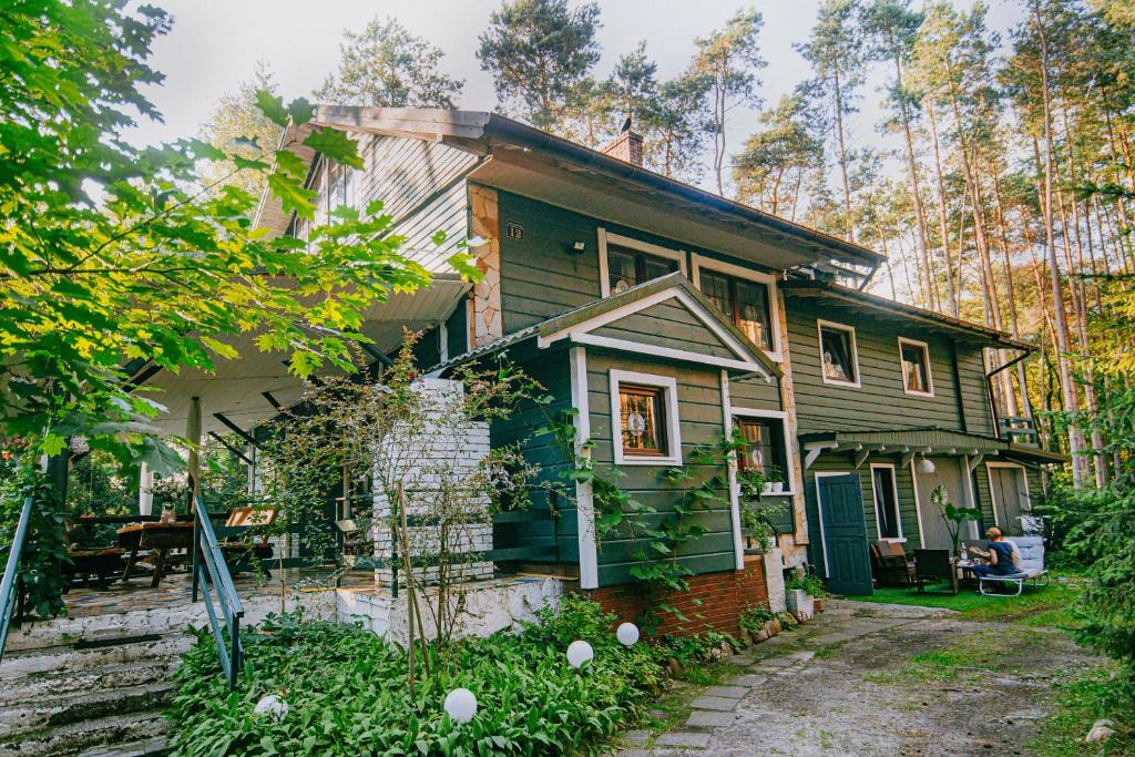 a house in the woods with a person sitting in a chair at Zacisze Leśne nad Pilicą in Spała