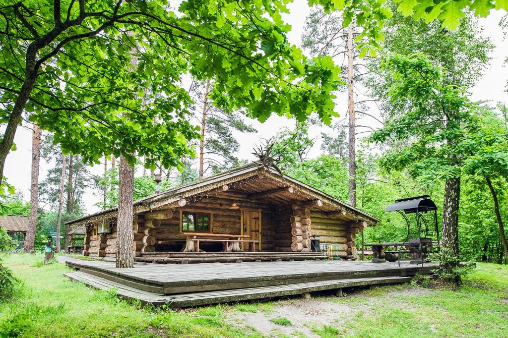 uma cabana de madeira no meio de uma floresta em Forest hut Stariy Prud em Filippovichi