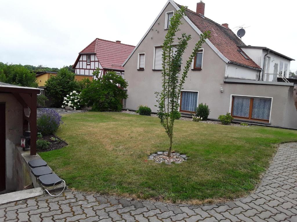 een boom in de tuin van een huis bij Pension Kaiser in Haldensleben