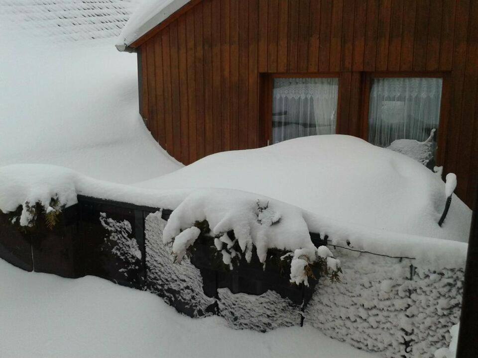 BermsgrünKlein aber fein - Apartment für 2 bis 4 Personen的停在房子前面的雪盖车